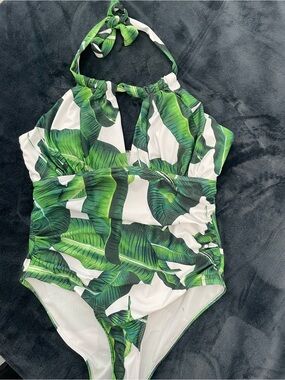 Halter One-Piece Swimsuit with Green Leaf Print - Kids Swim